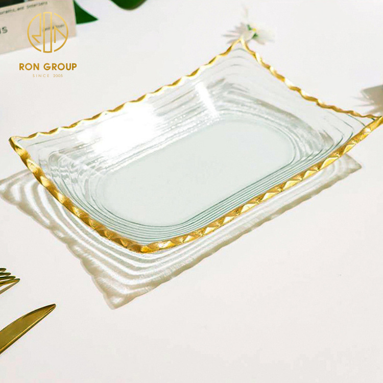 Wholesale Restaurant Food Grade Hotel Catering Wedding Part Square Glass Tableware Gold Rim Charger Clear Glass Plate