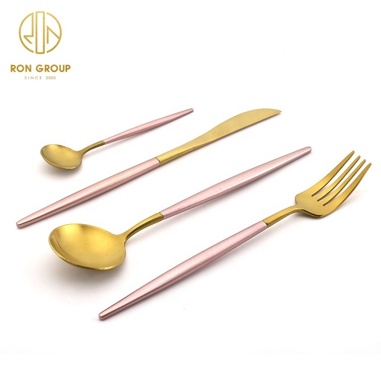 Wedding Portugal Flatware Gold Plated Metal Knife Spoon Fork Dinnerware Set pink wiht golden stainless steel cutlery sets