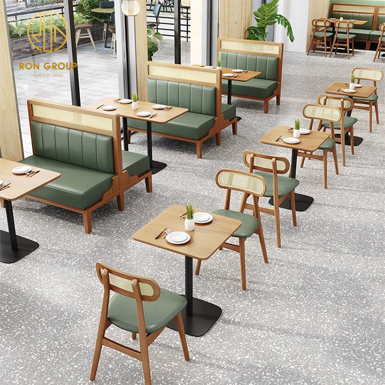 Leather bench sofa Custom Coffee Shop Commercial furniture solid cafe seating wood wooden restaurant booth table and chair set