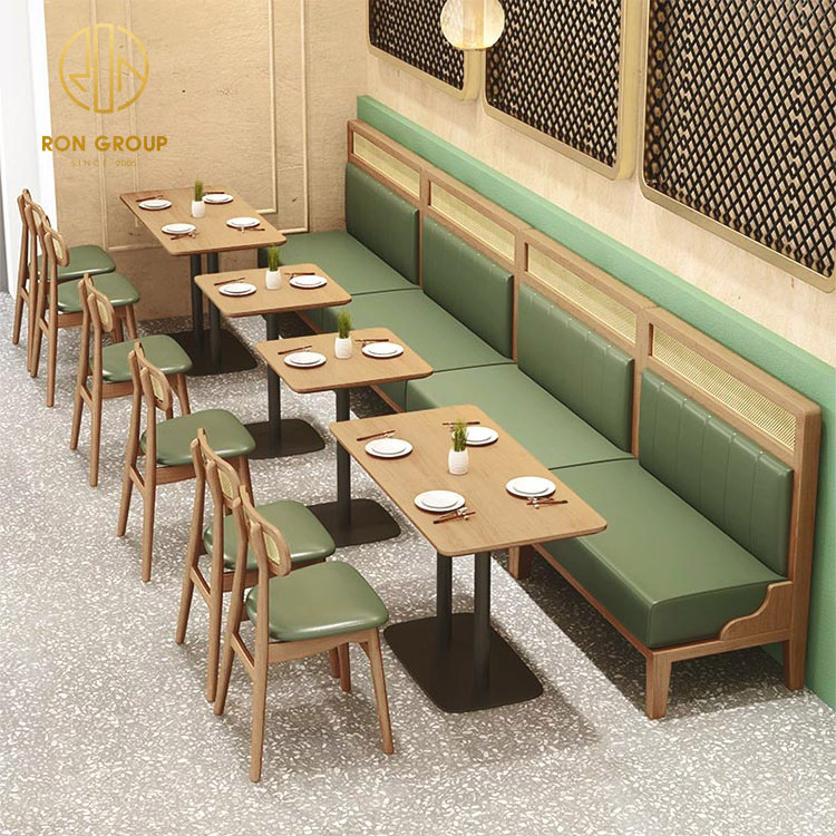 Leather bench sofa Custom Coffee Shop Commercial furniture solid cafe seating wood wooden restaurant booth table and chair set