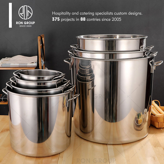 Hotel supplies restaurant kitchenware with lid tall straight shaped stainless steel pots commercial soup bucket stock deep pot