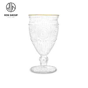 Wholesale Glassware Vintage Colorful Decoration Glass Wine Water Cup Embossed Amber Goblet Glasses For Hotel Restaurant