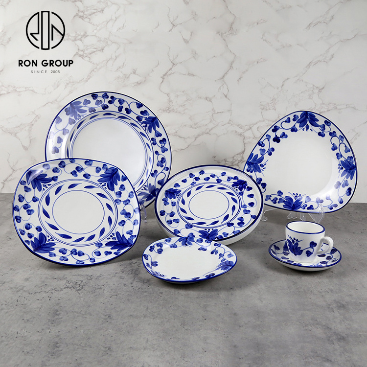 Hot Sale Elegant Restaurant Tray Crockery Dinnerware Hand Print Blue Rattan Flower Porcelain Tableware Deep Soup Ceramic Plate