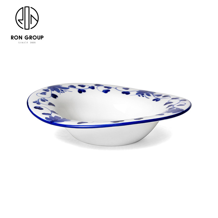 Hot Sale Elegant Restaurant Tray Crockery Dinnerware Hand Print Blue Rattan Flower Porcelain Tableware Deep Soup Ceramic Plate