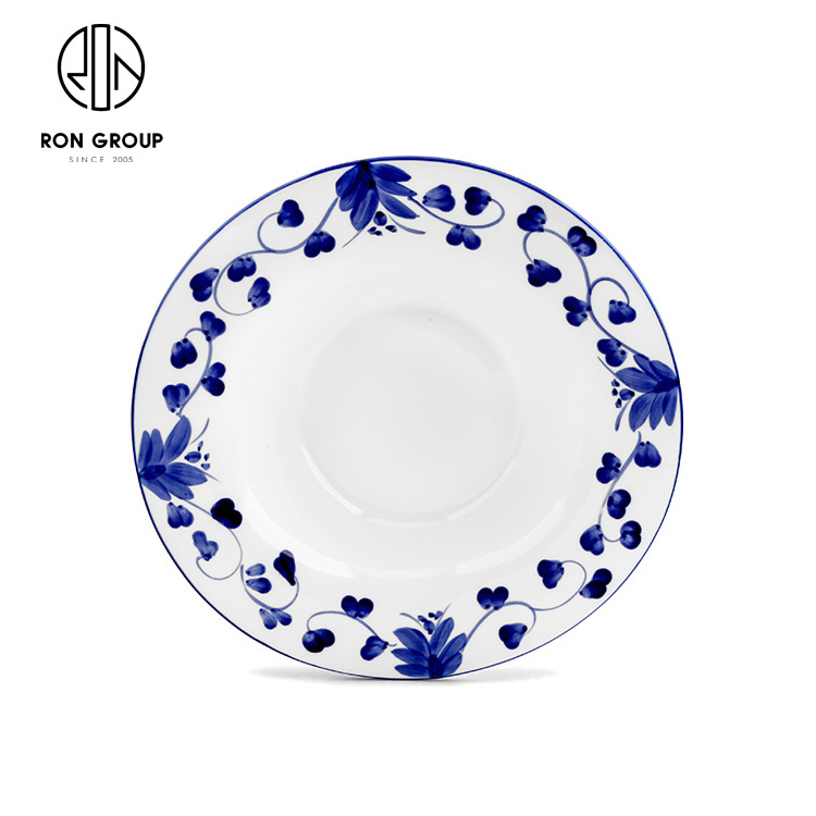 Hot Sale Elegant Restaurant Tray Crockery Dinnerware Hand Print Blue Rattan Flower Porcelain Tableware Deep Soup Ceramic Plate