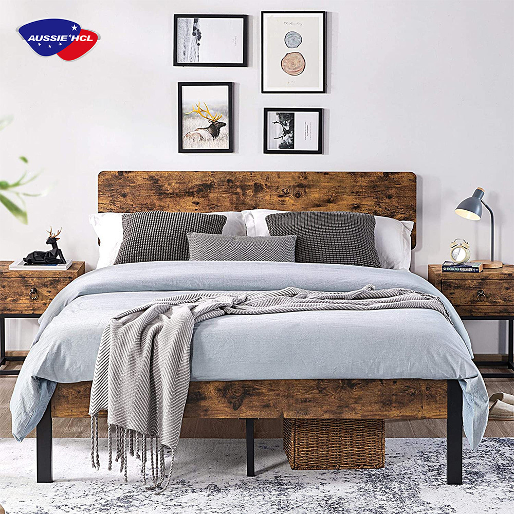 Hotel Home Strong Metal Platform Base Easy Assembly Quality Queen Size Bed Frame With Wooden Headboard Bed with mattress