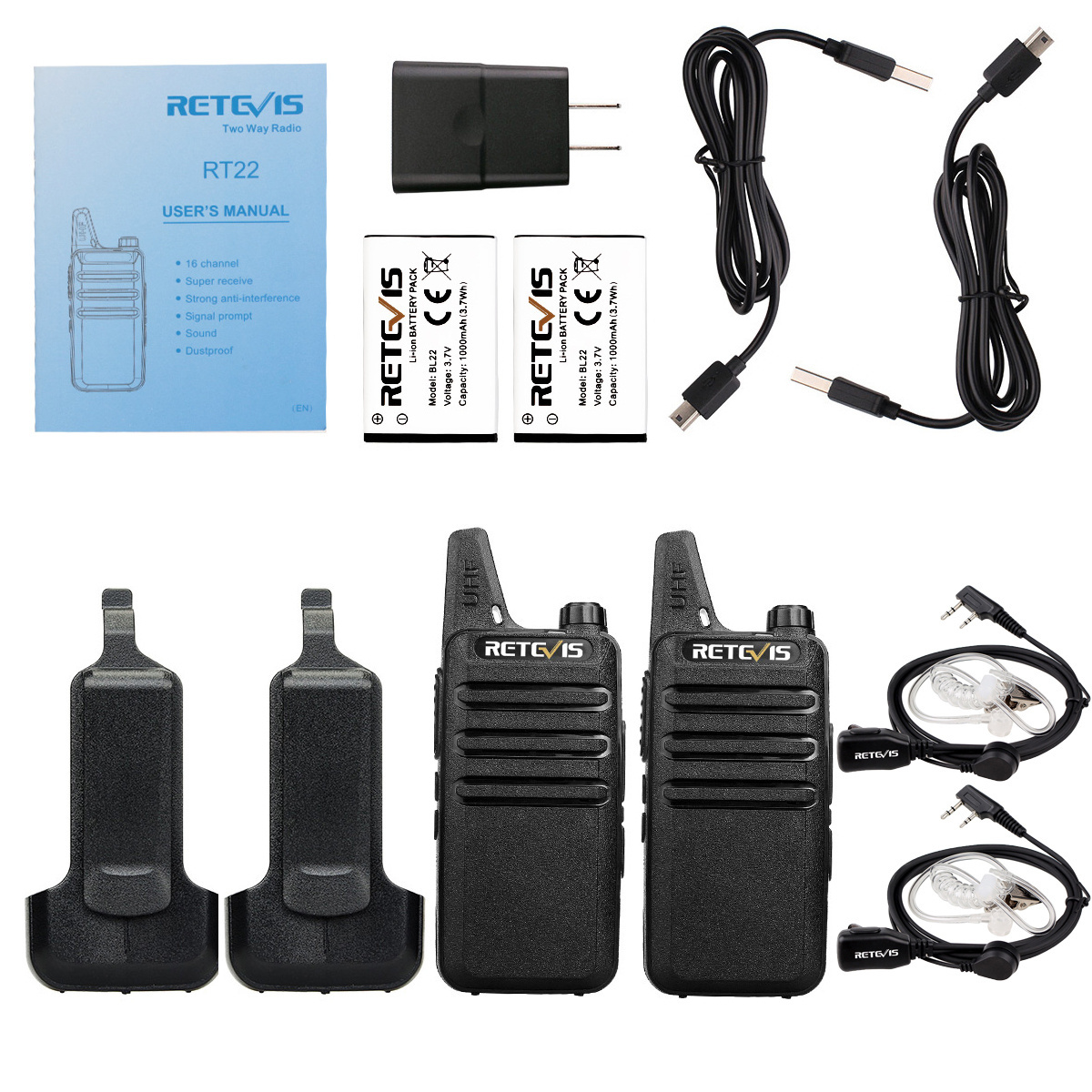 1 Pair Retevis RT22 Two Way Radio UHF 16CH VOX Walkie Talkies with Air Acoustic Earpiece Long range walkie talkie