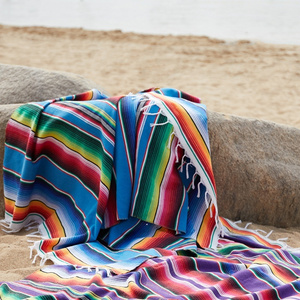 Mexican Style Rainbow Striped Blanket Pure Cotton Sofa Cobertor Hanging Tapestry for Sofa Bed Plane Travel with Tassel