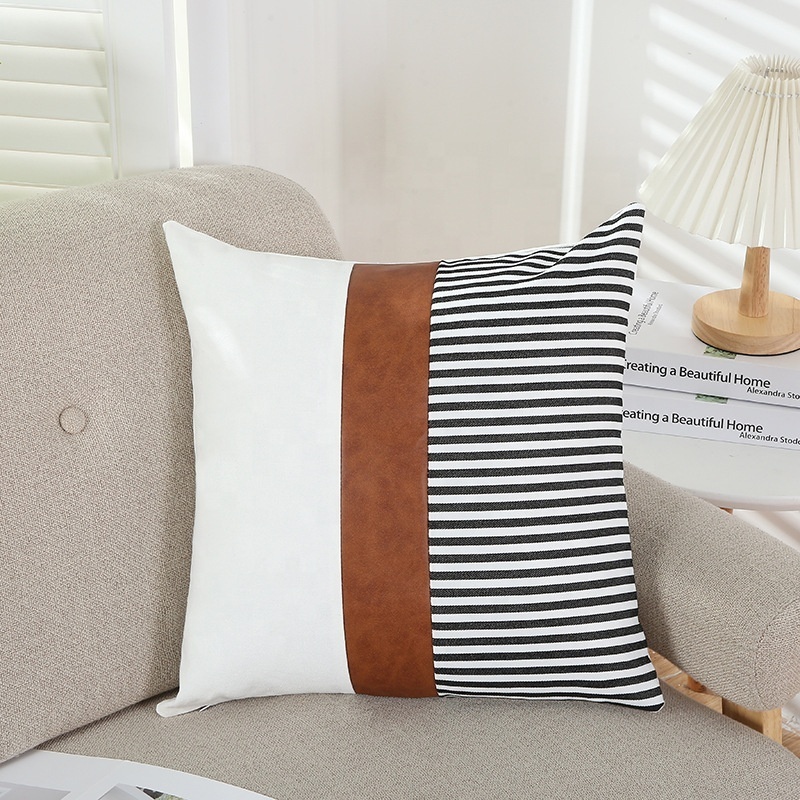 Farmhouse Stripe Patchwork Linen Throw Long Lumbar Cushion Covers Decorative Home Modern Faux PU Leather Throw Pillow Cover