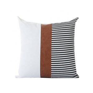 Farmhouse Stripe Patchwork Linen Throw Long Lumbar Cushion Covers Decorative Home Modern Faux PU Leather Throw Pillow Cover