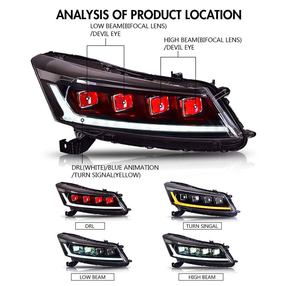 :For Honda Accord LED Headlights 2008-2012 DRL RGB Front Lamp Sequential Turn Signal