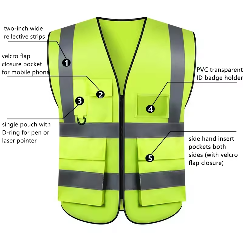 1 pcs Customize Logo Class 2 High Visibility Reflective Vest with 5 Pockets Construction Security Work Vest ANSI/ISEA Standards