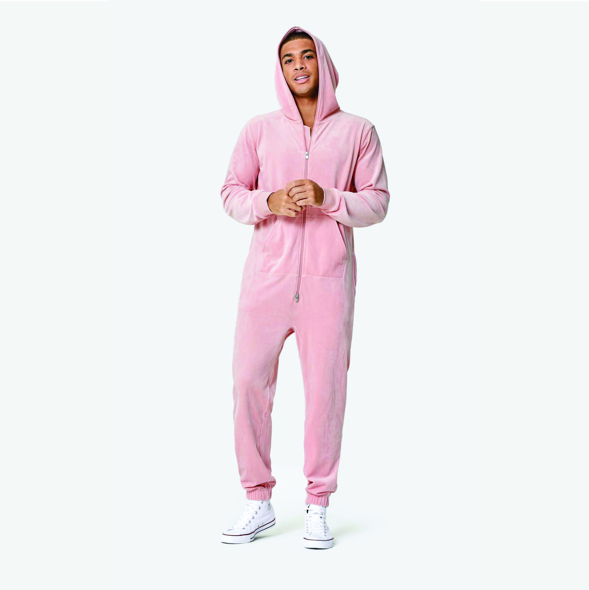 95% Polyester 5% Elastane Two Way YKK Quality Zipper Opening Unisex Soft Pink Original Velvet Jumpsuit