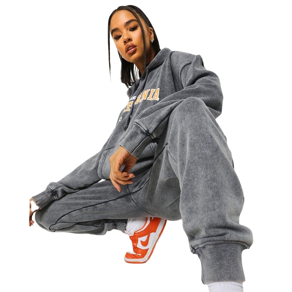 High Quality Heavyweight Acid Wash Tracksuit Vintage Hoodie and Sweatpants Set Custom Design Unisex Acid Washed Sweat Suit