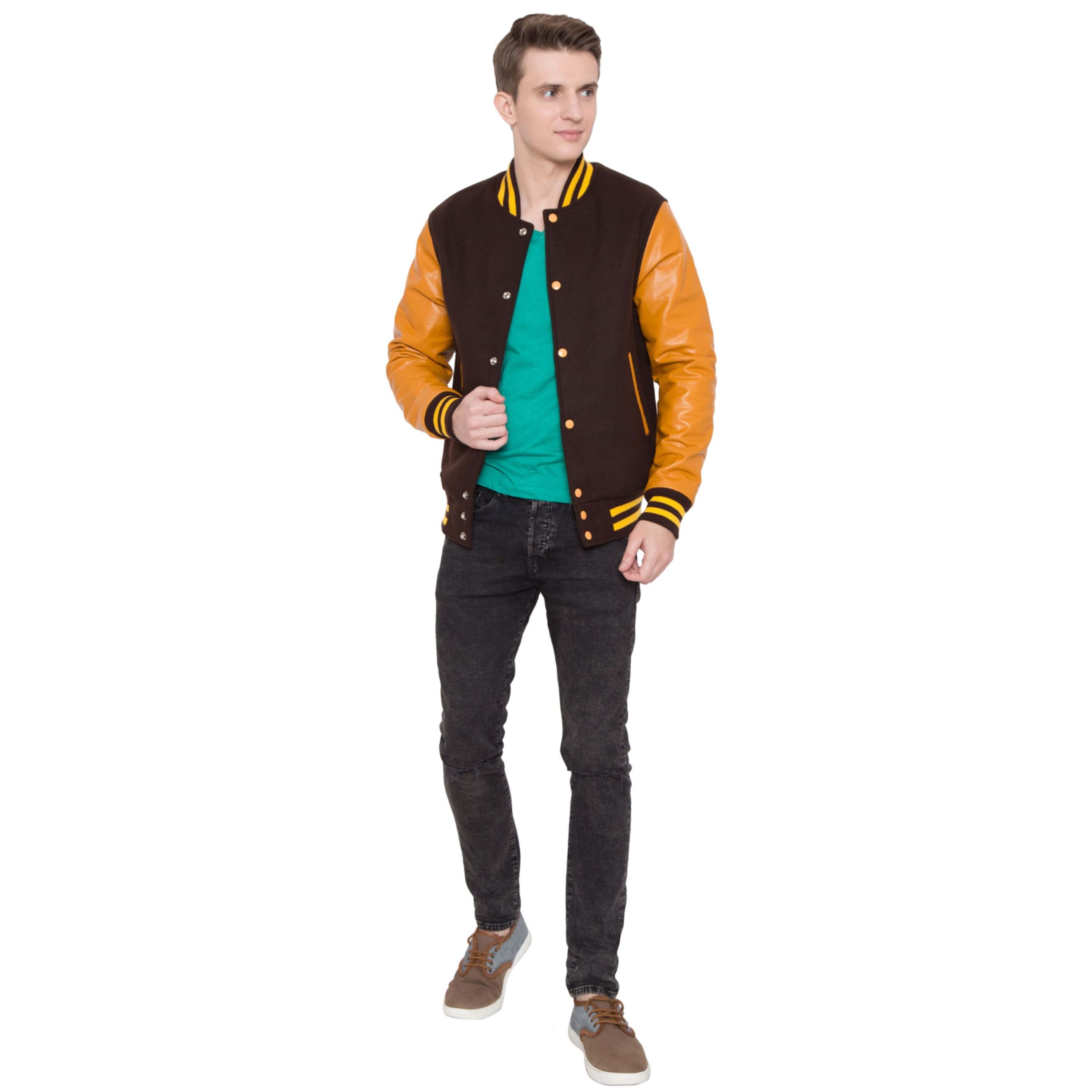 100% Cashmere Wool Body and Genuine Cowhide Leather Sleeves Dark Brown & Orange Letterman Varsity Jacket