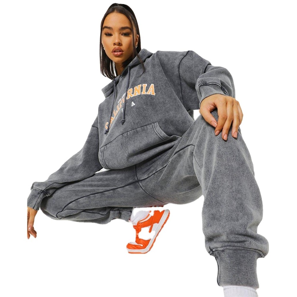 High Quality Heavyweight Acid Wash Tracksuit Vintage Hoodie and Sweatpants Set Custom Design Unisex Acid Washed Sweat Suit