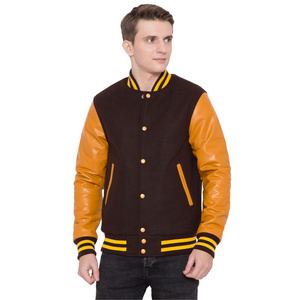 100% Cashmere Wool Body and Genuine Cowhide Leather Sleeves Dark Brown & Orange Letterman Varsity Jacket