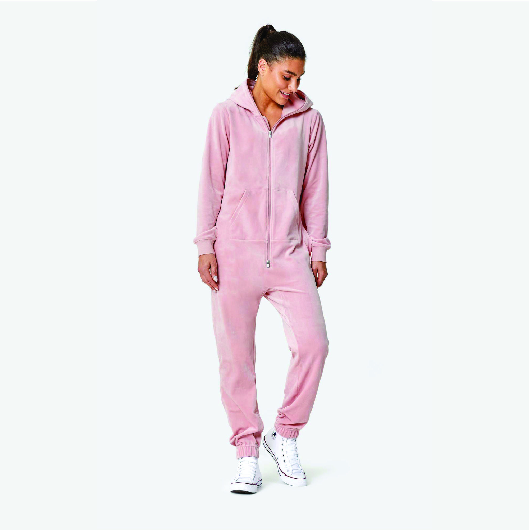 95% Polyester 5% Elastane Two Way YKK Quality Zipper Opening Unisex Soft Pink Original Velvet Jumpsuit