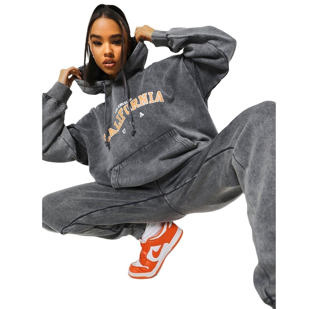 High Quality Heavyweight Acid Wash Tracksuit Vintage Hoodie and Sweatpants Set Custom Design Unisex Acid Washed Sweat Suit