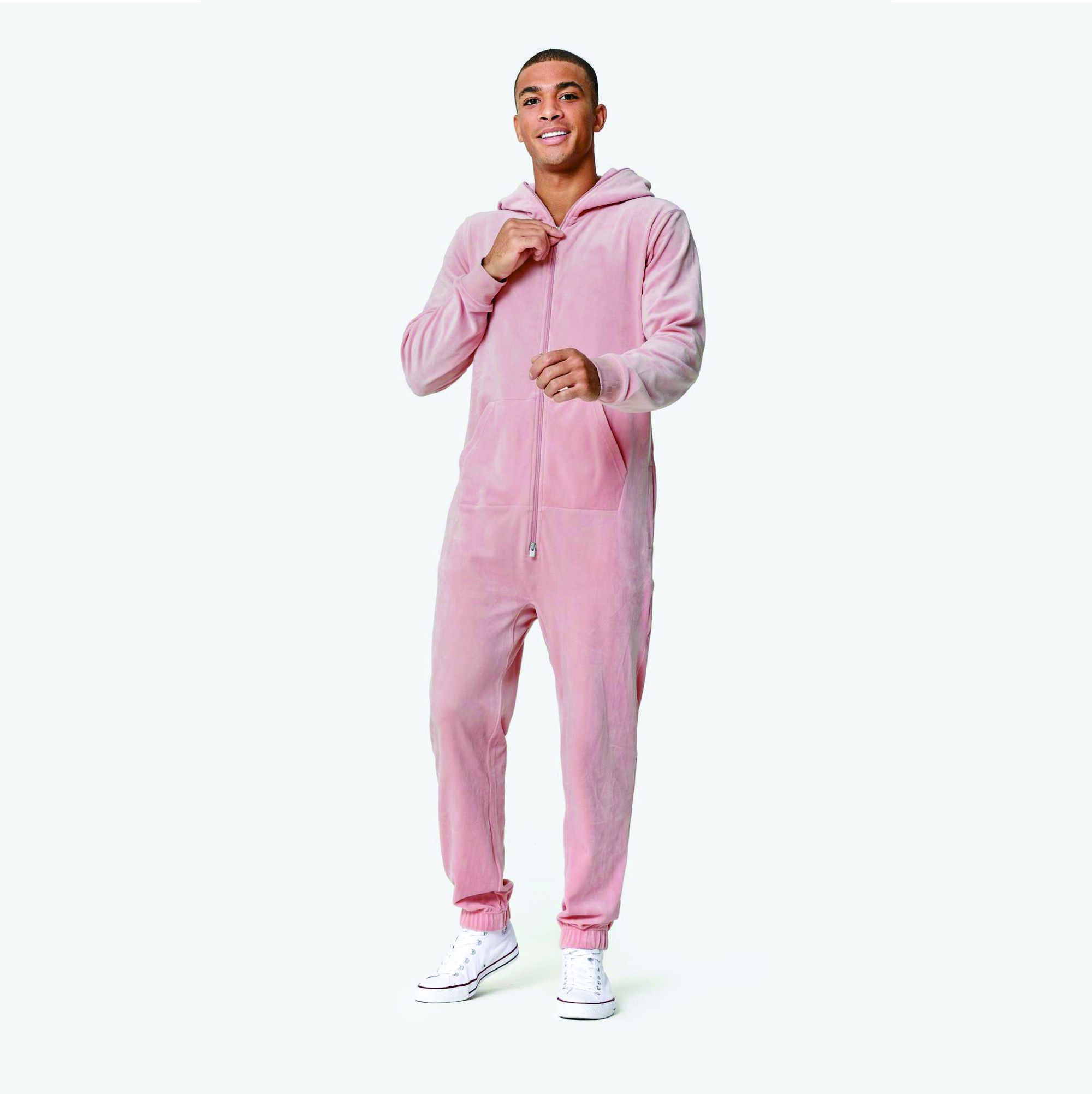 95% Polyester 5% Elastane Two Way YKK Quality Zipper Opening Unisex Soft Pink Original Velvet Jumpsuit