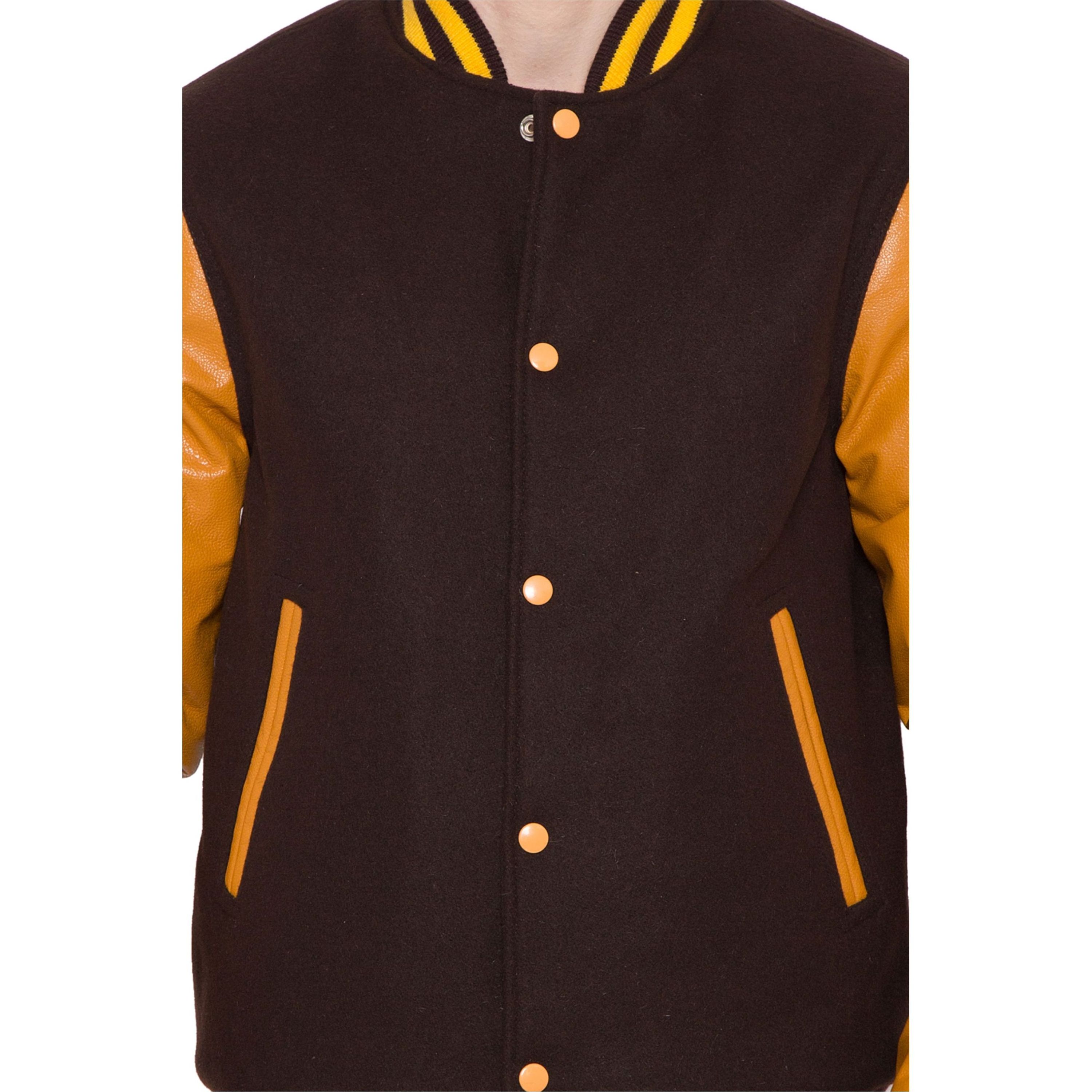 100% Cashmere Wool Body and Genuine Cowhide Leather Sleeves Dark Brown & Orange Letterman Varsity Jacket