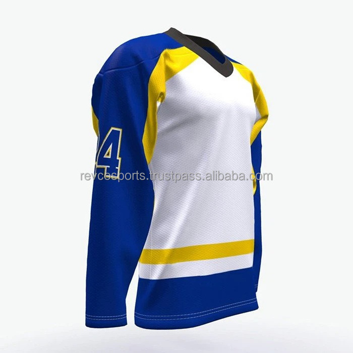 White and Royal blue V neck Ice Hockey Jersey Unisex Team name tackle Twill Ice Hockey Jerseys Junior league Ice Hockey Jersey