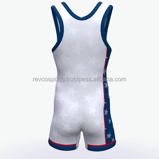 New arrival vintage wrestling singlets for men's youth white and blue gym wear singlet low cut freestyle singlet