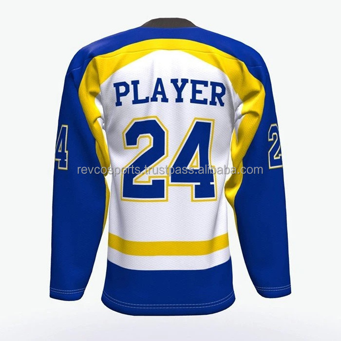 White and Royal blue V neck Ice Hockey Jersey Unisex Team name tackle Twill Ice Hockey Jerseys Junior league Ice Hockey Jersey