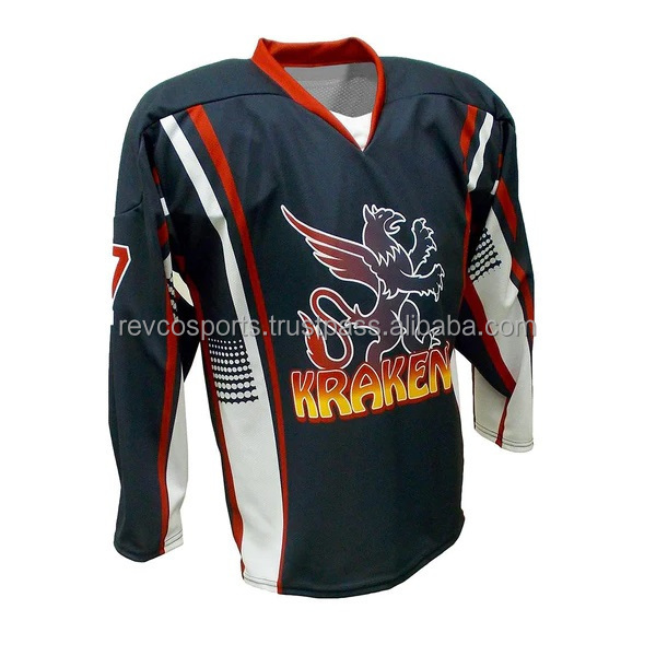 Wholesale Custom Fashion Team youth Practice Ice Hockey Jersey Sublimated Black and white with red Ice hockey jersey V Neck