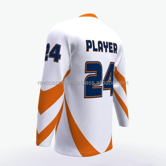 White and orange color ice hockey jersey with custom team name and numbers breathable mesh polyester ice hockey jerseys