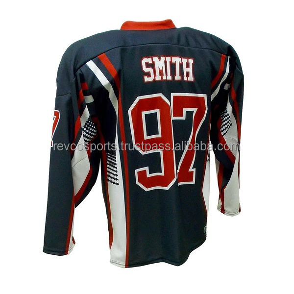 Wholesale Custom Fashion Team youth Practice Ice Hockey Jersey Sublimated Black and white with red Ice hockey jersey V Neck