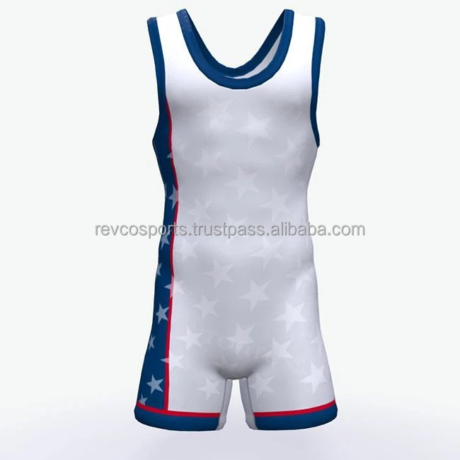 New arrival vintage wrestling singlets for men's youth white and blue gym wear singlet low cut freestyle singlet