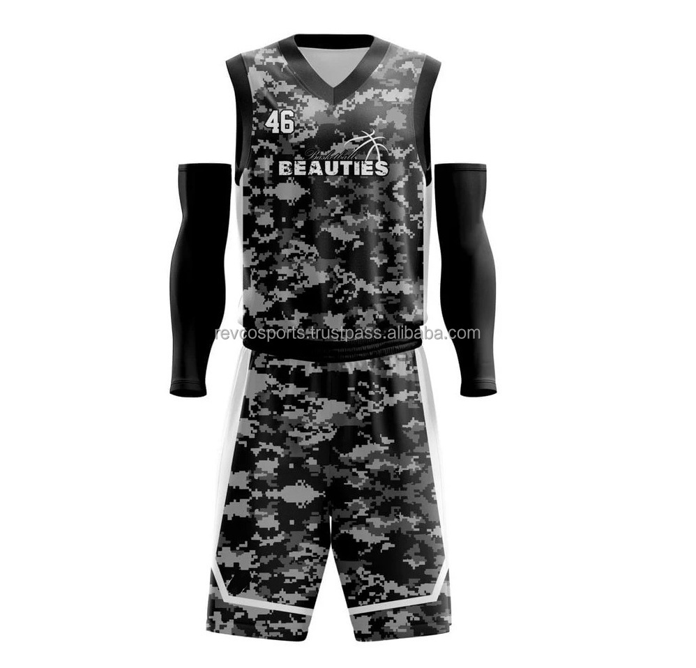 Custom Basketball Uniform set Team Sports Basketball Training Uniforms Black Camo Basket Ball Jerseys with shorts set Black Arm