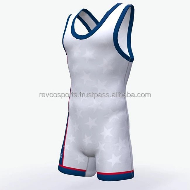 New arrival vintage wrestling singlets for men's youth white and blue gym wear singlet low cut freestyle singlet