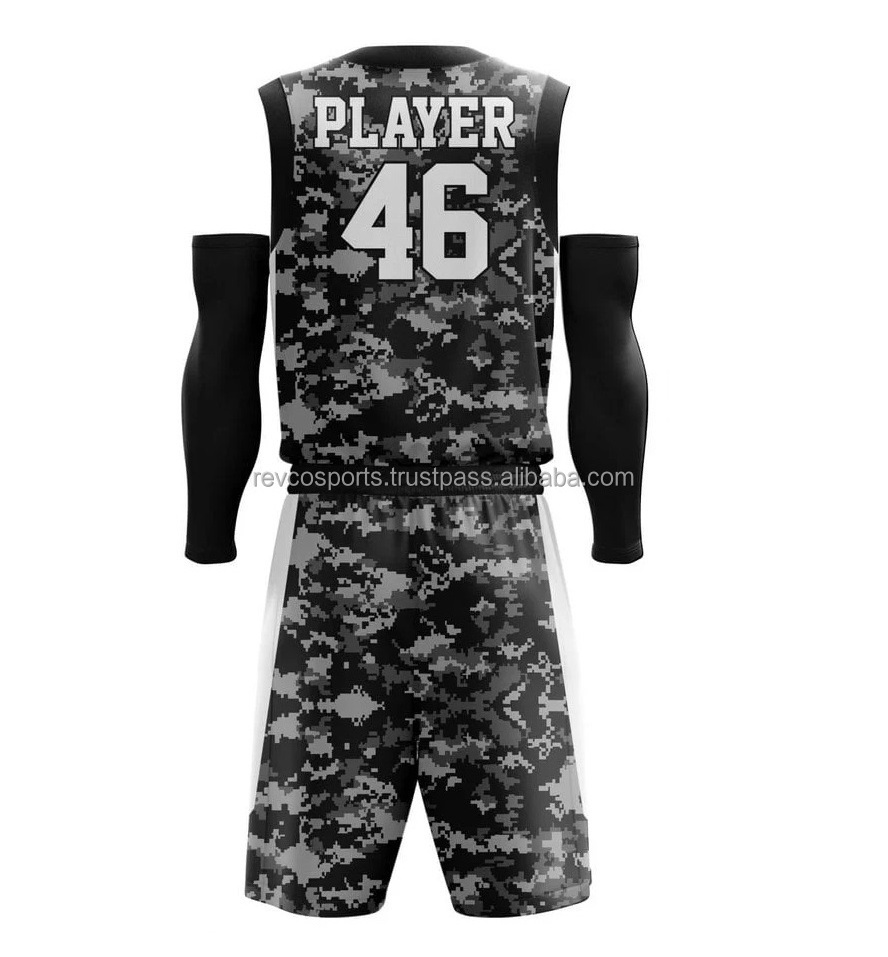 Custom Basketball Uniform set Team Sports Basketball Training Uniforms Black Camo Basket Ball Jerseys with shorts set Black Arm