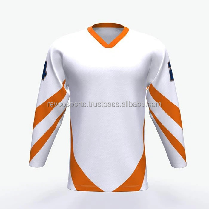 White and orange color ice hockey jersey with custom team name and numbers breathable mesh polyester ice hockey jerseys