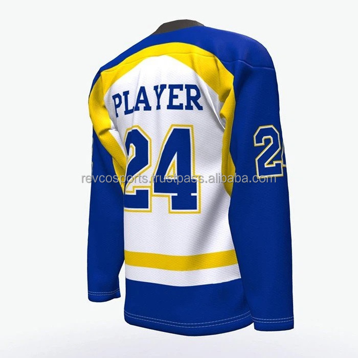 White and Royal blue V neck Ice Hockey Jersey Unisex Team name tackle Twill Ice Hockey Jerseys Junior league Ice Hockey Jersey