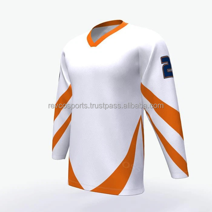 White and orange color ice hockey jersey with custom team name and numbers breathable mesh polyester ice hockey jerseys