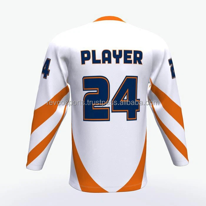 White and orange color ice hockey jersey with custom team name and numbers breathable mesh polyester ice hockey jerseys