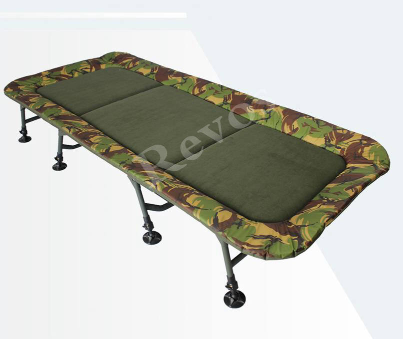 Revos Camping Bedchair Carp Chair Camouflage Armygreen 8 Legs For Tall Anglers Flat Design  Soft Padding Foam Fishing Bedchai