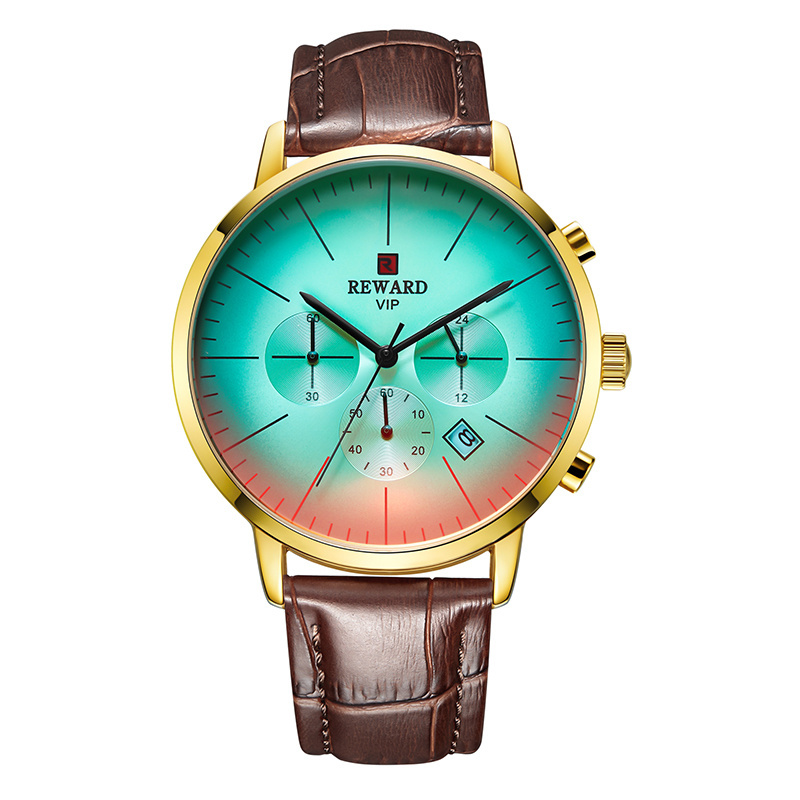 Reward Changing Color Glass Men's Chronograph wrist watch leather strap Fashion Alloy Sport Water Resistant quartz Watches