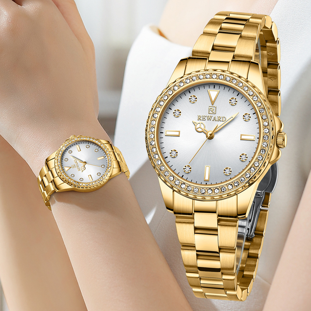 REWARD Elegant Diamond Ladies Watches Luxury Rose Gold OEM Stainless Steel Waterproof Woman Quartz Watch