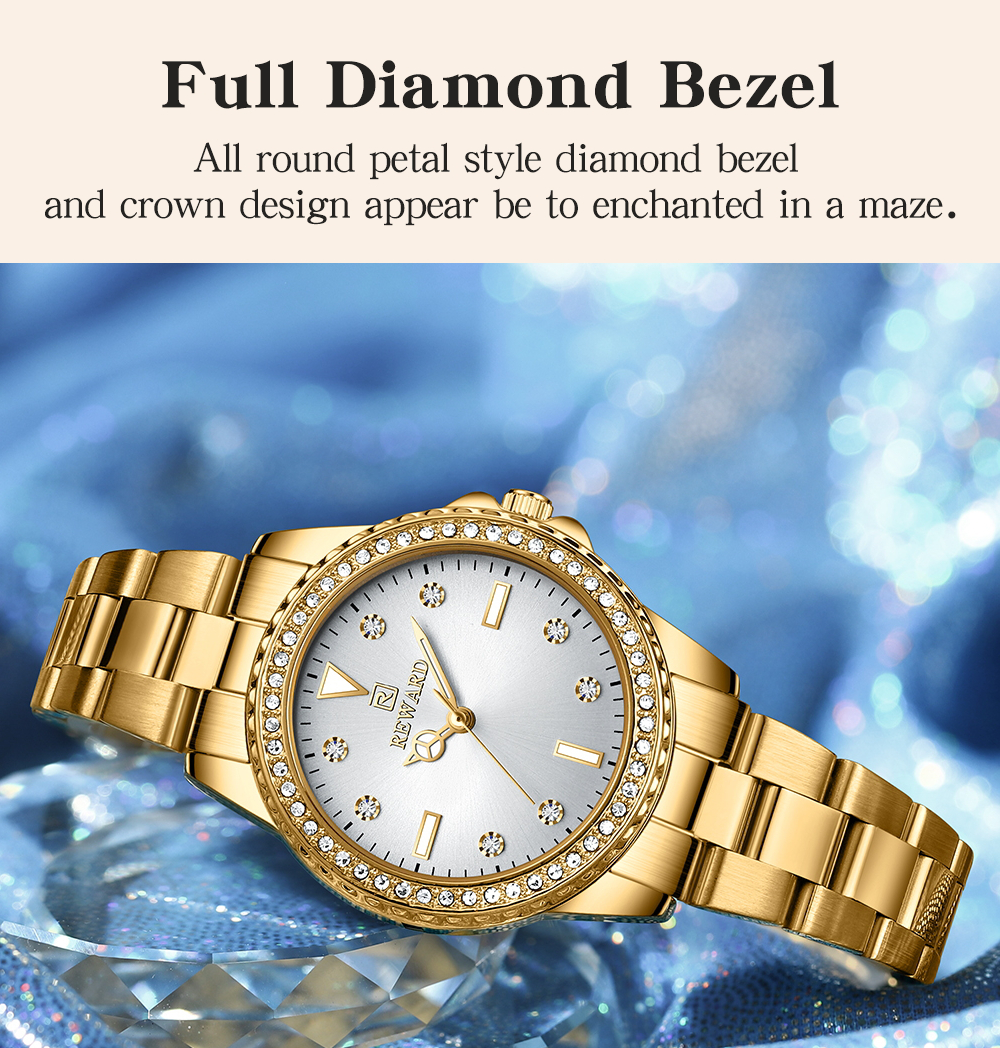 REWARD Elegant Diamond Ladies Watches Luxury Rose Gold OEM Stainless Steel Waterproof Woman Quartz Watch