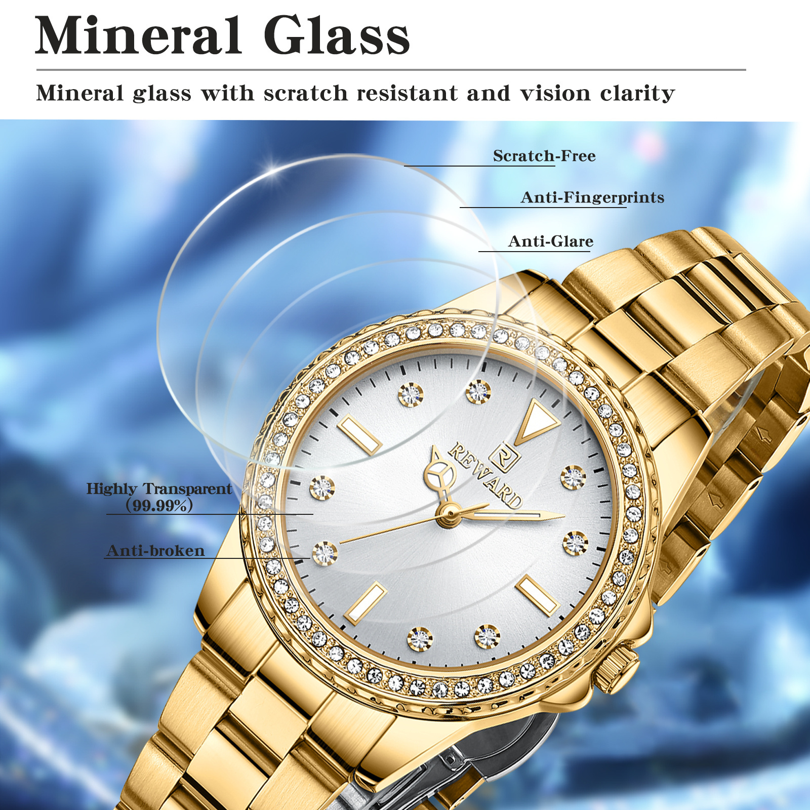 REWARD Elegant Diamond Ladies Watches Luxury Rose Gold OEM Stainless Steel Waterproof Woman Quartz Watch