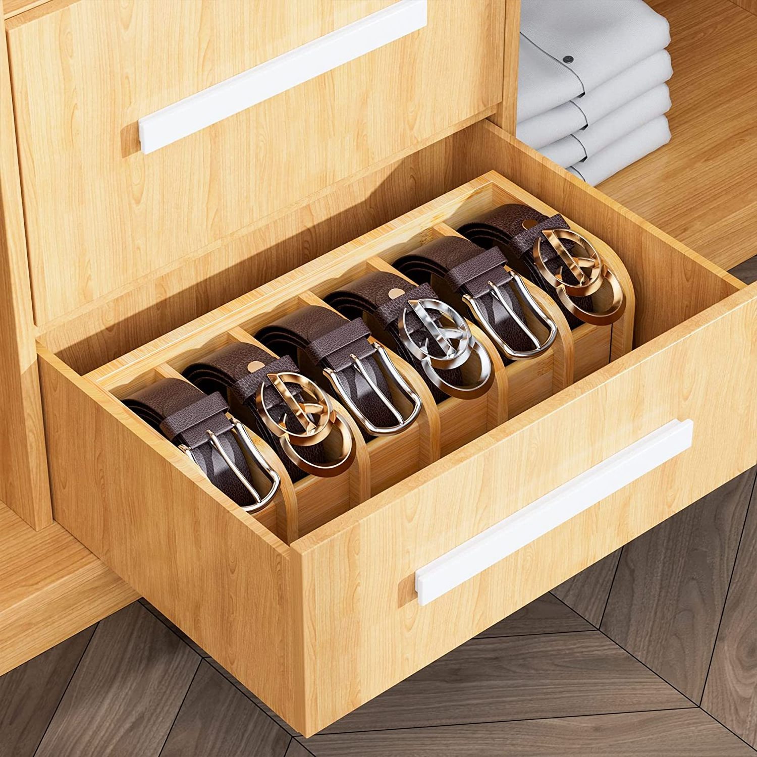 High Quality 6 Grids Belt Storage Organizer and Displayer bamboo belt organizer box for Closet and Drawer