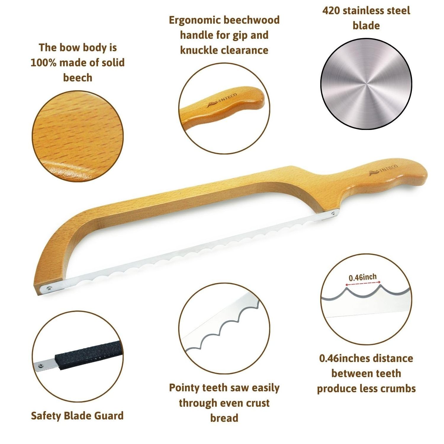 Hot sale bakers professional wooden bread bow knife stainless steel serrated bread knife with bow wooden handle