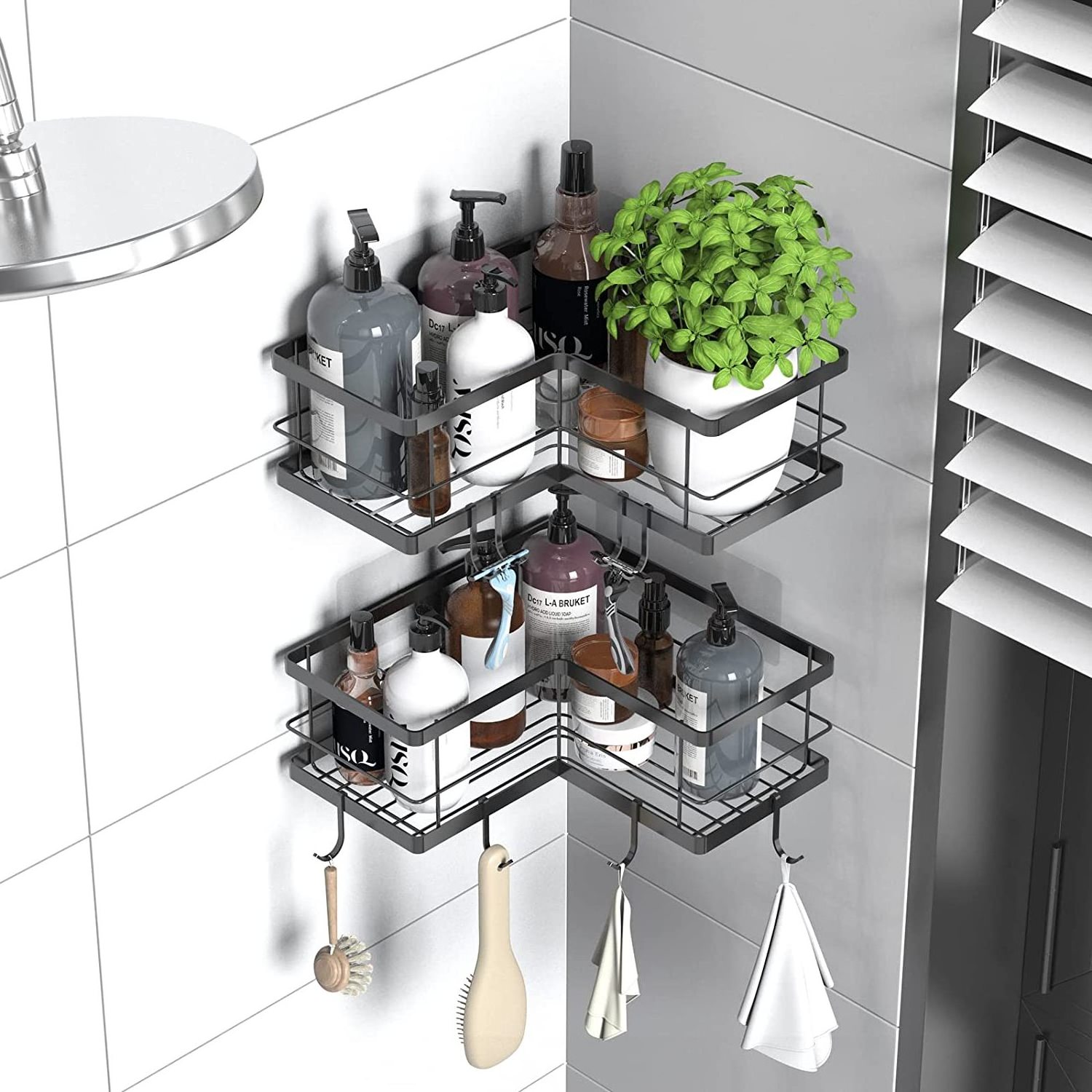 Black Stainless Steel Bathroom & Kitchen Rack Bathroom Shelf Wall Mounted Type Organizer Shower Caddy Corner Shelves