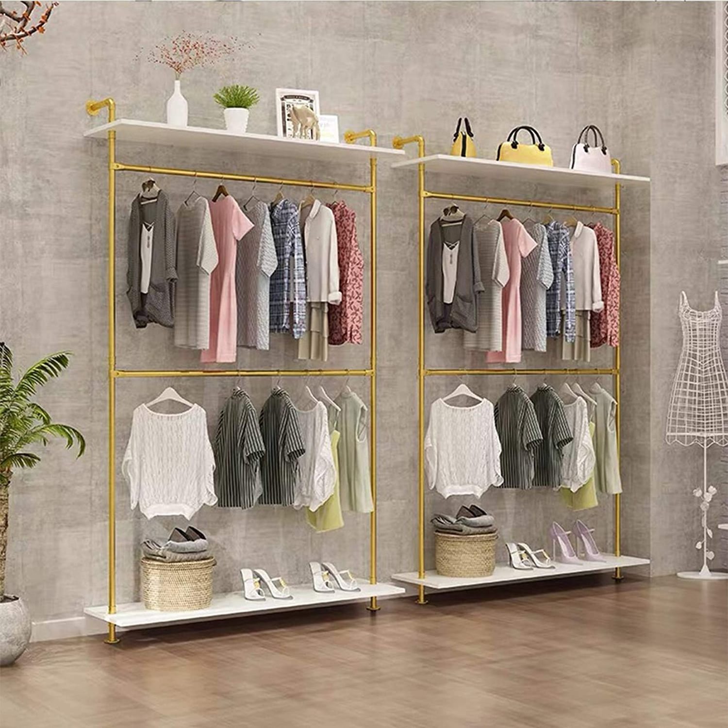 Wholesale Double Hanging Rods Clothing Rack Retail Display Wall Mounted Storage Clothes Display Hanging Shelf