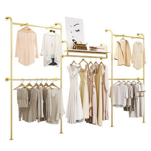 Wholesale Double Hanging Rods Clothing Rack Retail Display Wall Mounted Storage Clothes Display Hanging Shelf