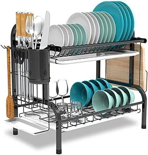 Custom Stainless Steel Metal Black Rustproof Drainboard Plate Drying Kitchen Organizer Over Sink 2 Tier Dish Drying Drainer Rack